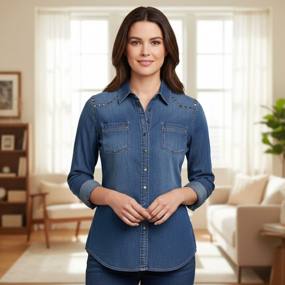 Chelsea & Violet Womens XS Denim Chambray Studded Button Down Shirt Raw Hem